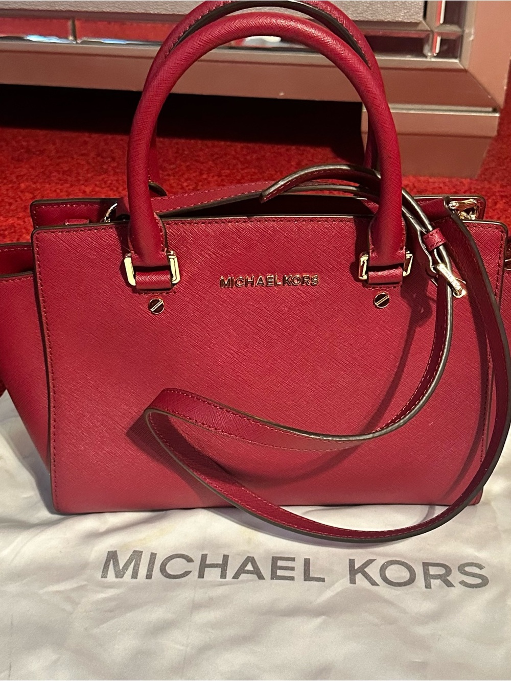 Michael Kors Cherry Red Saffiano Satchel with Gold Hardware